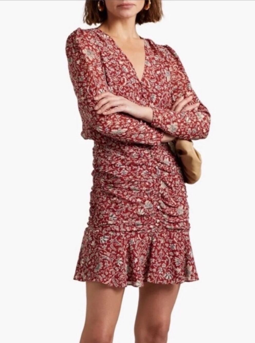 Veronica Beard Mini Dress Rosalia Red Floral Silk Long Sleeve Ruched Skirt